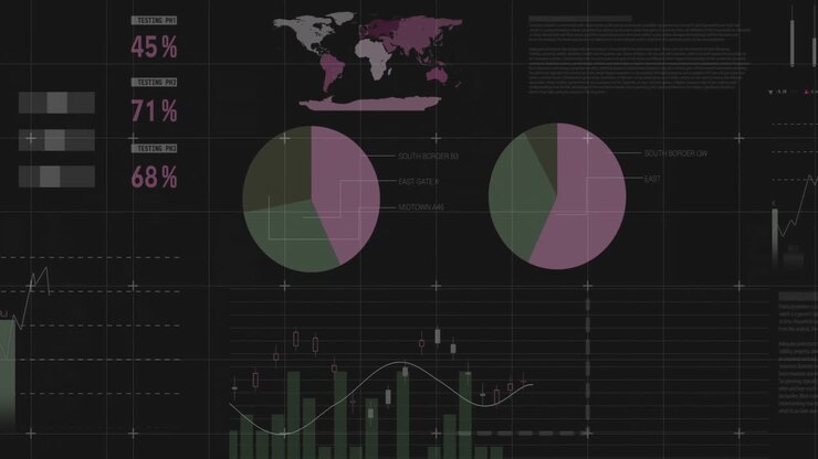 Animation of financial data processing over dark background