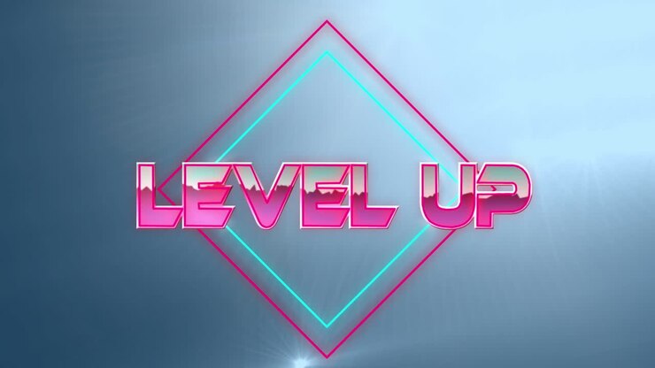 Animazione digitale del testo "Level up" su quadrati al neon su punti luce su sfondo blu