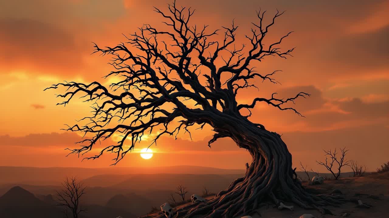 Gnarled tree silhouetted against sunset, surrounded by skulls and barren landscape with dramatic sky