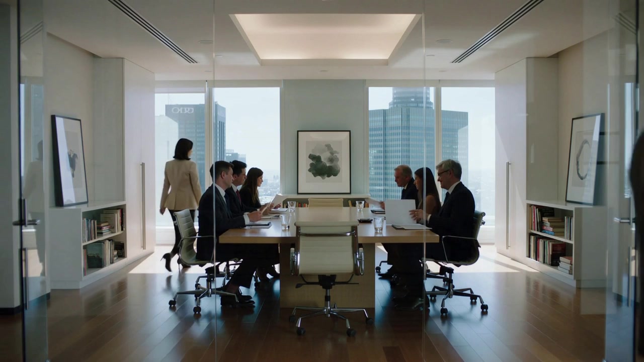 Reviewing documents, team at conference table while woman light blazer entering to present