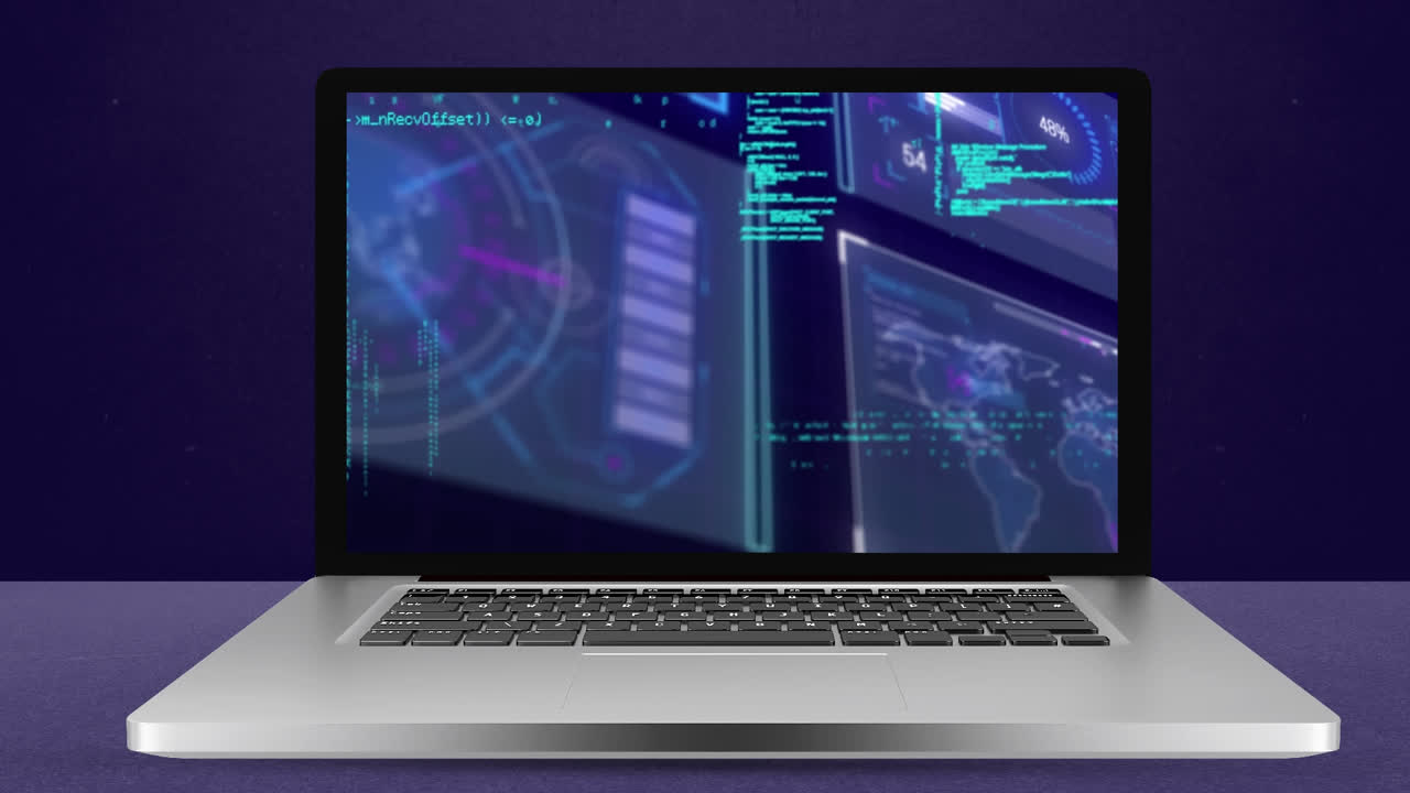 animación del procesamiento de datos en la pantalla del portátil