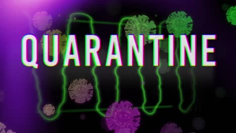 quarantine text against heart beat monitor and covid-19 cells moving in background