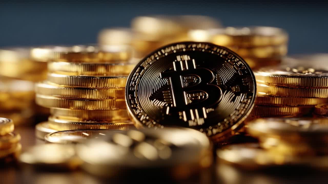 A Glimpse into the World of Cryptocurrency: The Rise of Bitcoin, Represented by Glittering Gold Coins Piled High against a Dark Background