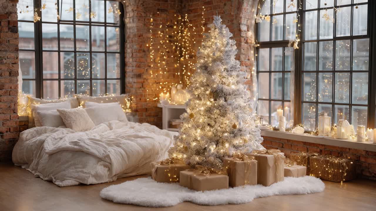 A Cozy and Elegant Christmas Scene Featuring a Beautifully Decorated White Christmas Tree Surrounded by Presents in a Warmly Lit Room