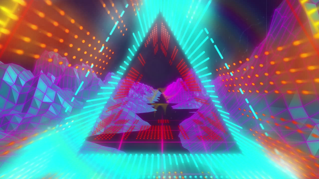 animación de un túnel triangular en bucle sobre montañas 3d contra un fondo negro