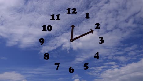 time lapse shot of running time on clock with cloudscape in motion against blue sky