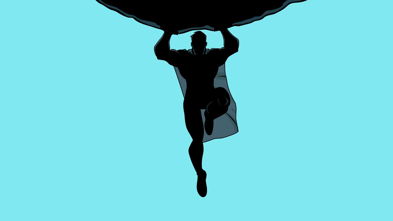 la silueta de un superhéroe sosteniendo una roca