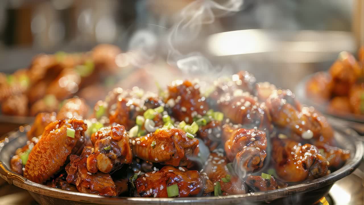 Succulent chicken wings gleaming with rich glaze, steam rising from golden brown surface, elegantly garnished with chopped green onions atop pristine platter