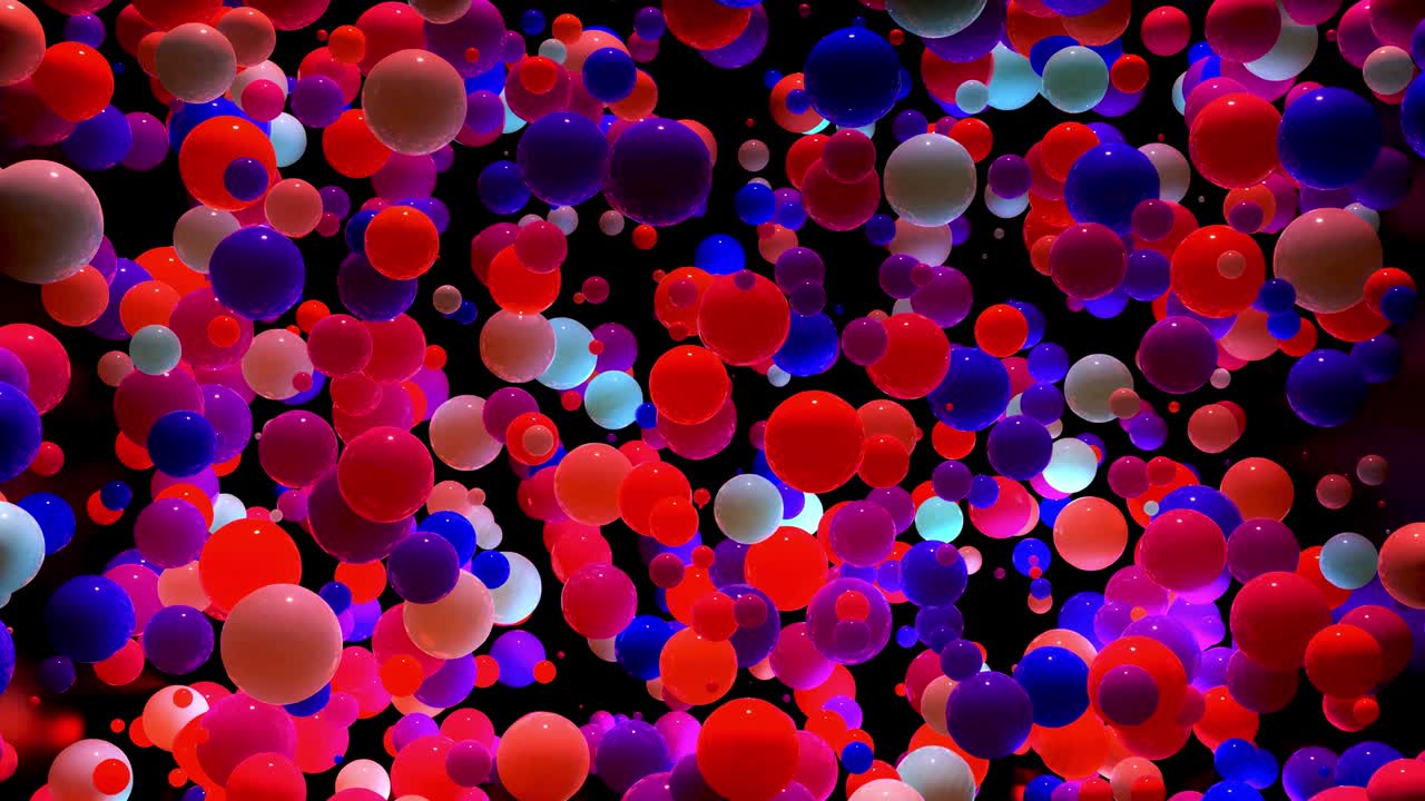 Abstract composition of colorful balls in air, which randomly light up and reflect in each other. Multicolored spheres in air as simple geometric dark background with light effects.