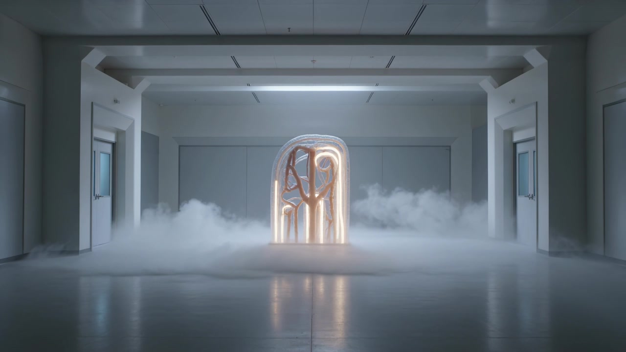 Starting fog machine, filling white gallery around warm tubular sculpture, forming mirrored floor