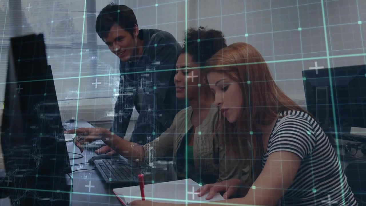 Tech mentor arriving behind women pointing screen, causing typing and taking notes with arrows