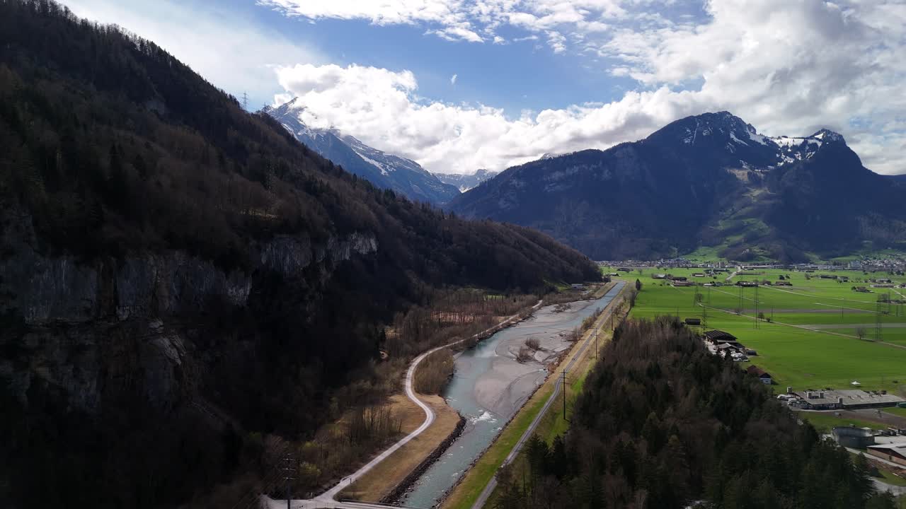 Linth river Swiss alpine water stream Switzerland nature outdoor aerial drone view
