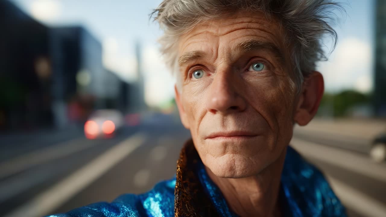 A thoughtful man gazes into the distance, reflecting on life while dressed in a shimmering blue jacket, showcasing introspection and a serene environment