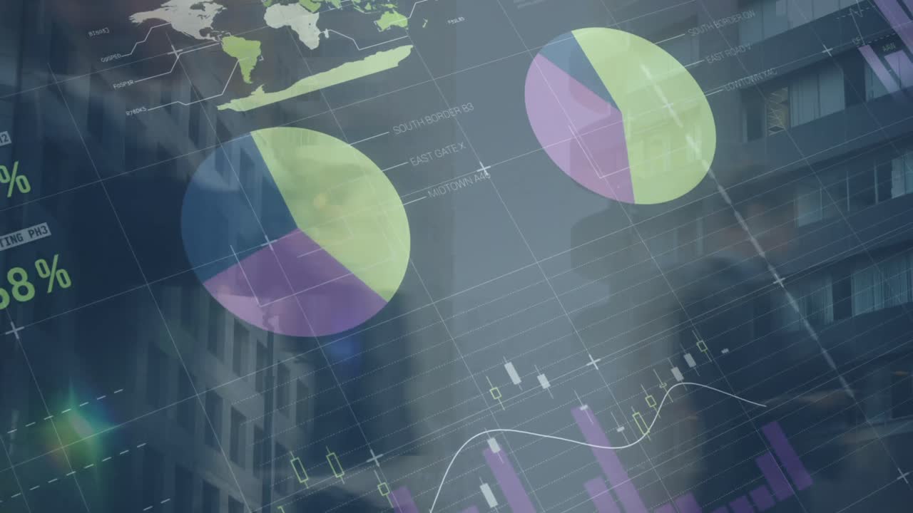 animación del procesamiento de datos financieros y gente de negocios sobre el edificio de oficinas