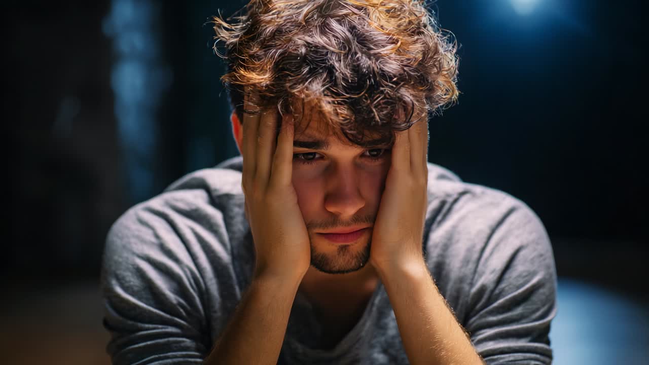 A contemplative young man expresses deep emotions of sadness and contemplation, lost in thought as he rests his hands on his face, surrounded by a soft, dramatic lighting in a somber atmosphere