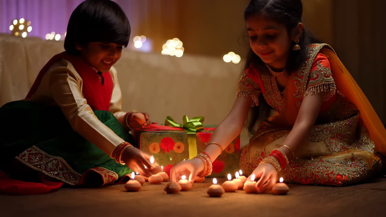 Bambini indiani felici che accendono Diyas per la celebrazione del Diwali.