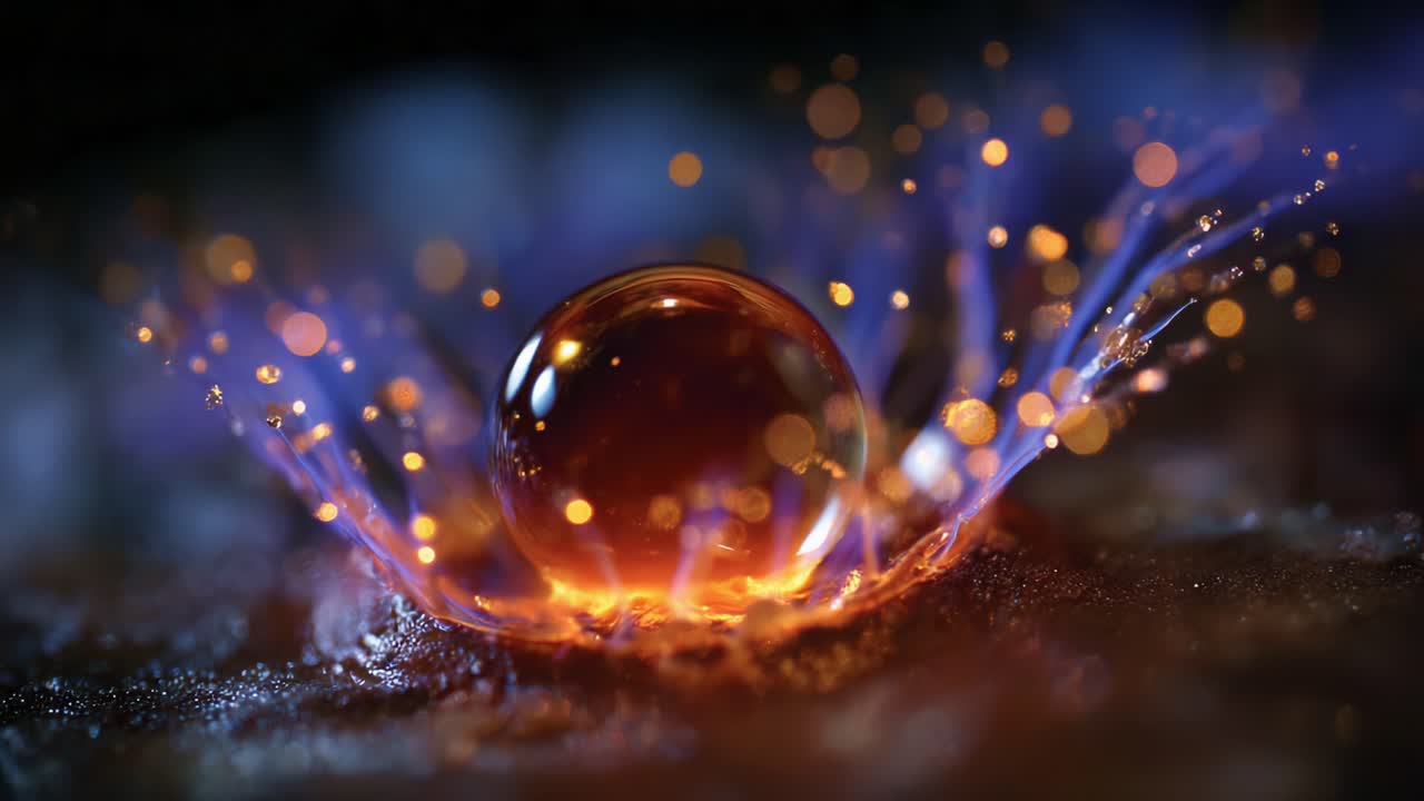 Intricate Dance of Light and Water: Captivating Macro Shots of a Droplet's Impact, Creating Fiery Splashes and Sparkling Reflections in a Stunning Display