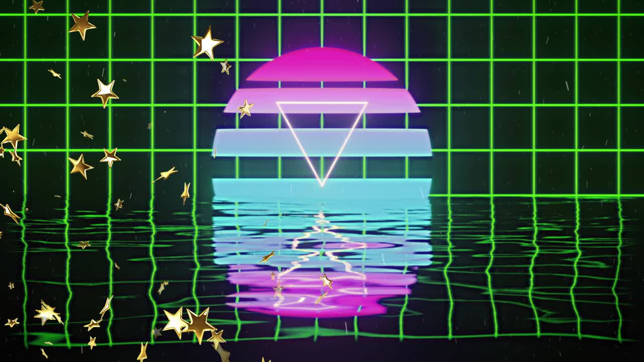 Left-edge stars appearing and drifting, creating ripples and highlights on neon sun reflection