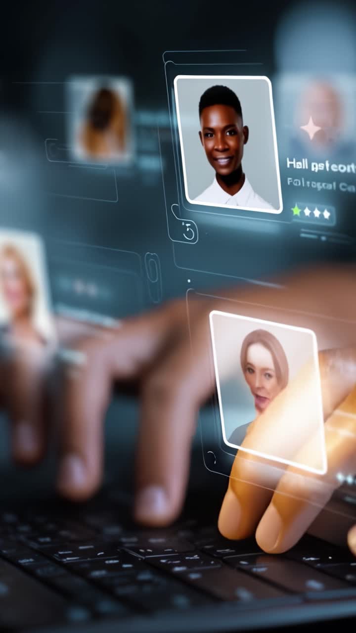 Interazione Digitale: Un Primo Piano di un Utente Che Valuta Profili su un Display Trasparente con un Focus su una Figura Femminile e Valutazioni a Stelle in un Ambiente Tech-Centric