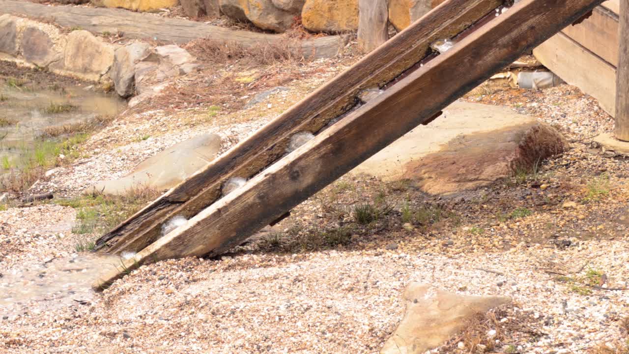 Water flows through a wooden chute into a pond