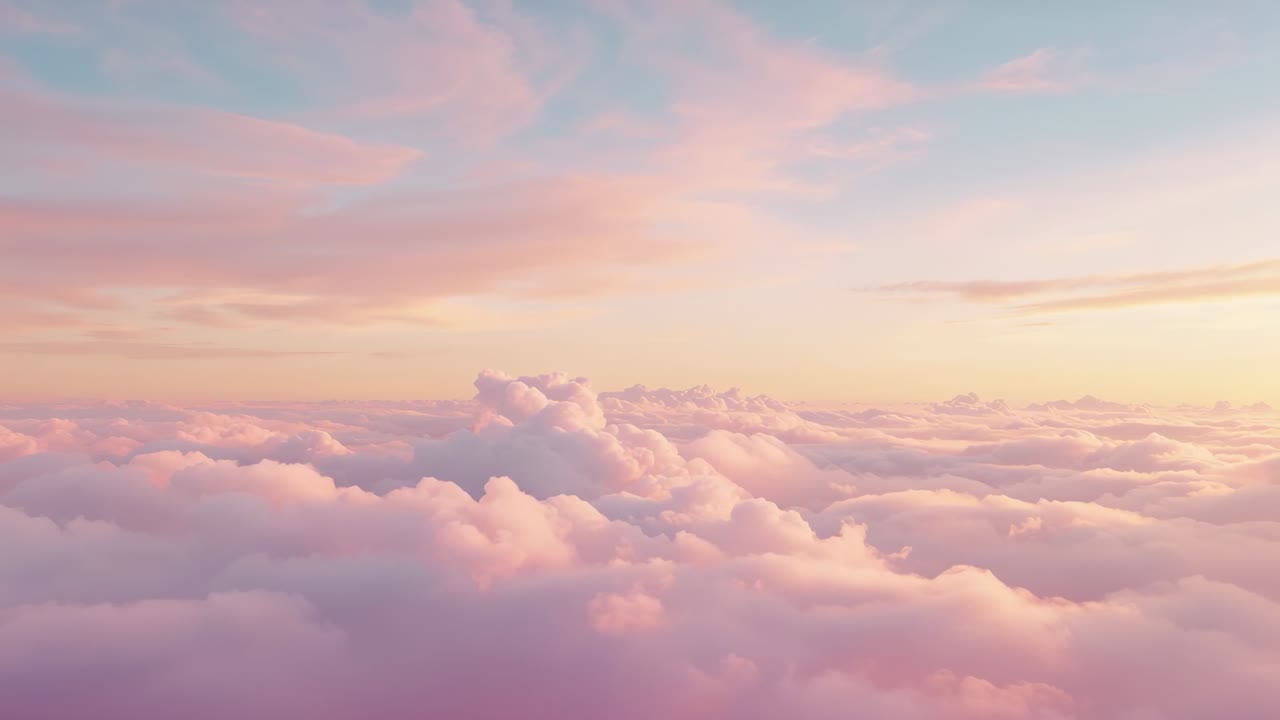 Drifting cumulus clouds shifting under sunrise sky at high-altitude view, pastel hues evolving