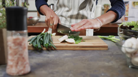 Hands-of-biracial-woman-chopping-vegetables-in-kitchen,-slow-motion