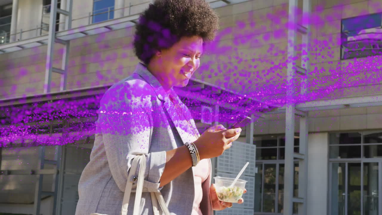 Business woman checking smartphone outdoors, showing floating glitch salad bowl graphics