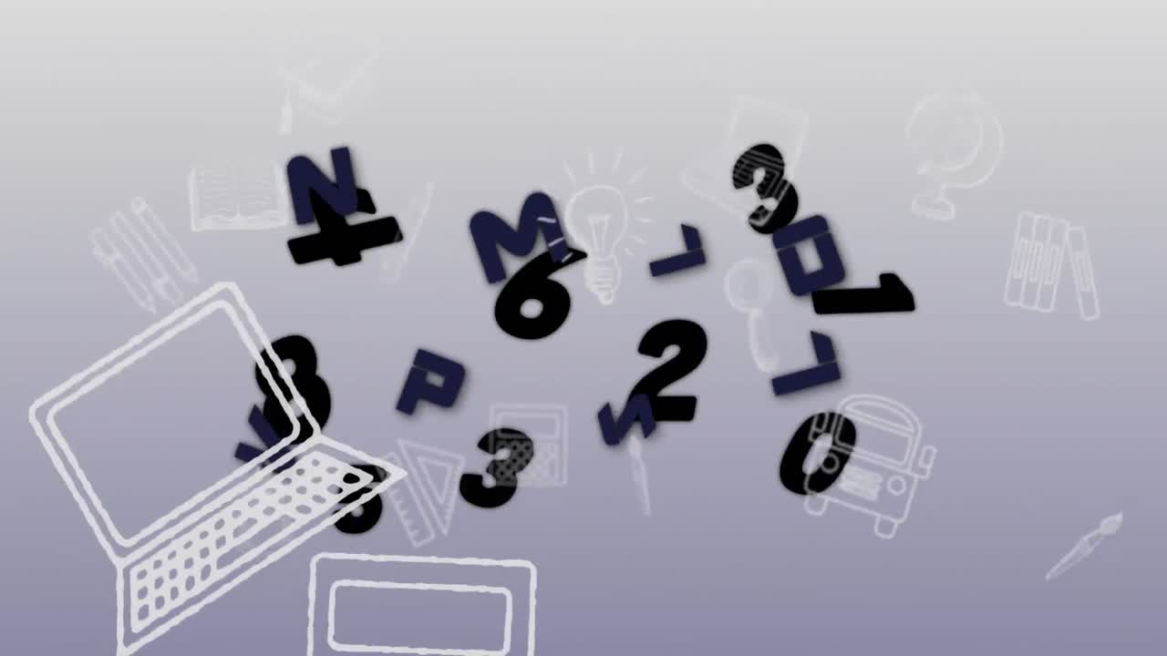 animación de números y letras negras cambiantes y objetos escolares en movimiento sobre un fondo gris