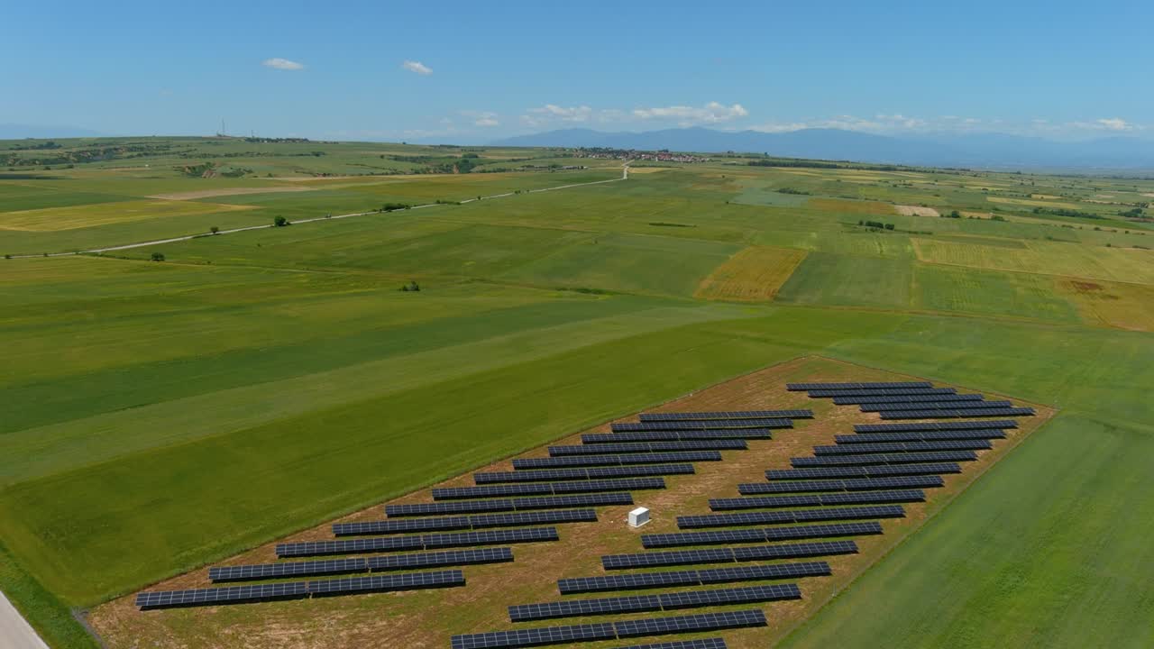 solar energy panels in countryside from above