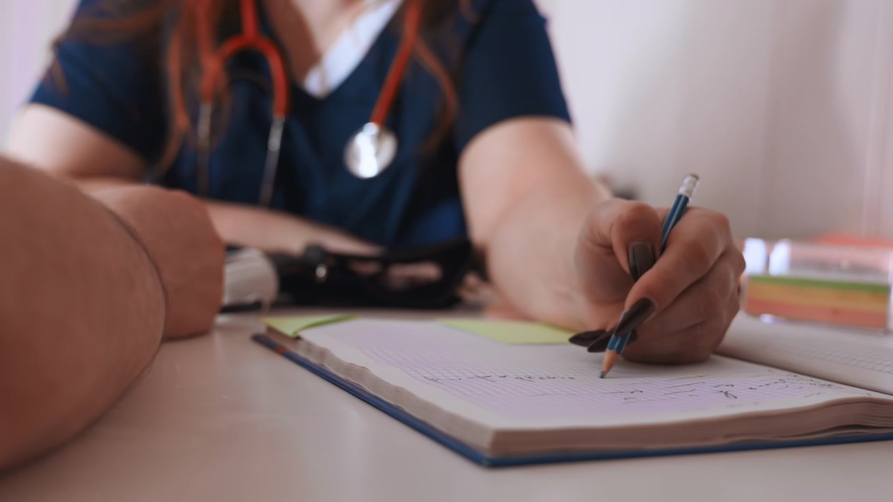 Enfermera de raza negra escribiendo notas del paciente en casa, estetoscopio visible, sentada frente al brazo del paciente sobre la mesa, bolígrafo rellenando cuaderno de evaluación, interior doméstico cálido, escritorio organizado con suministros médicos