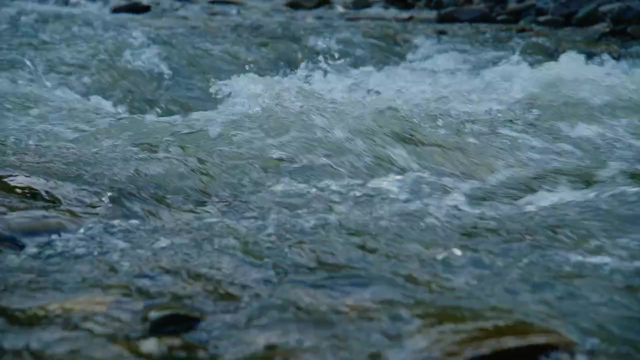 Rushing river water flows over rocks, creating white foam. Water movement shows power and natural energy. Ideal for nature, adventure, or environmental projects. No people or animals visible