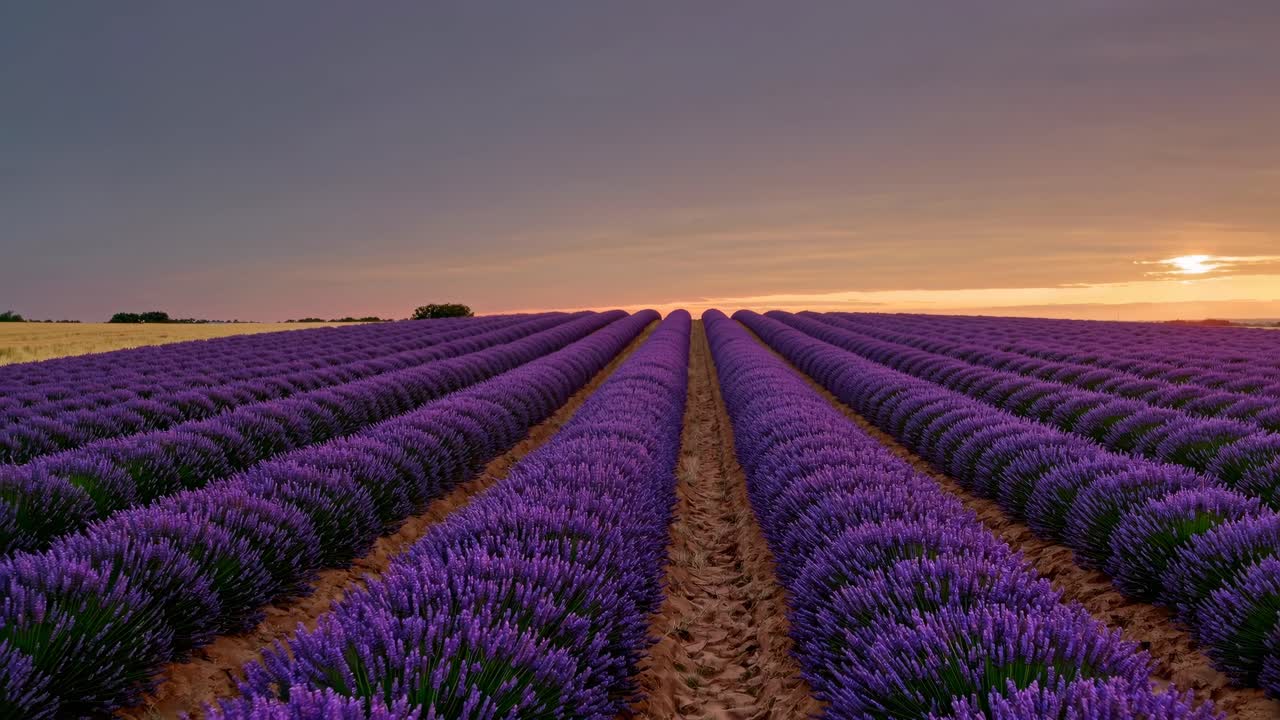 Aerial video captures vast lavender fields at sunset, showcasing vibrant purple rows