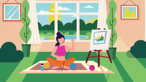 woman enjoying a relaxing craft hobby indoors with a scenic view