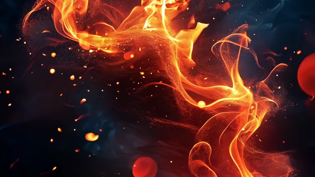 A fiery, glowing, and spiky flame is the main focus of this image. The flames are surrounded by a lot of smoke and sparks, creating a dramatic and intense atmosphere. Concept of danger and excitement