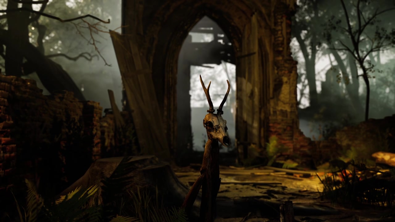 Mysterious figure with antlers in an abandoned forest setting at dusk