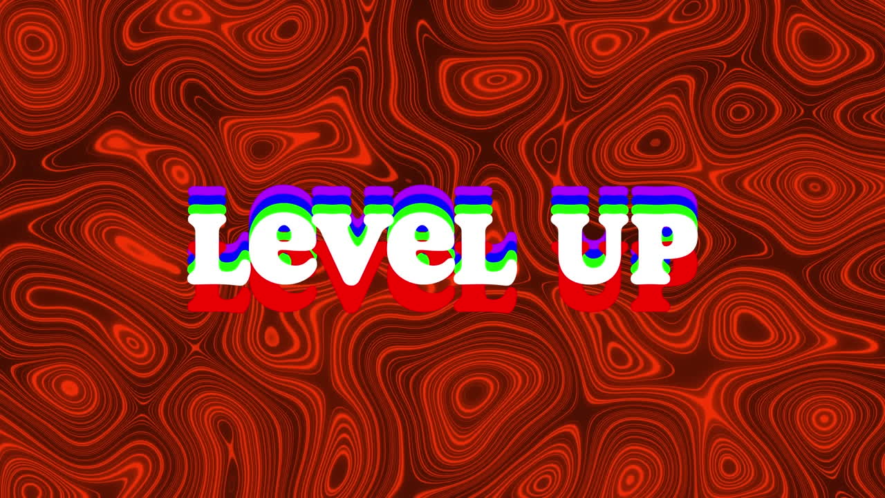 Digital animation of level up text against red moving topography background