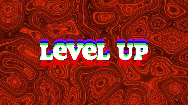 Digital animation of level up text against red moving topography background
