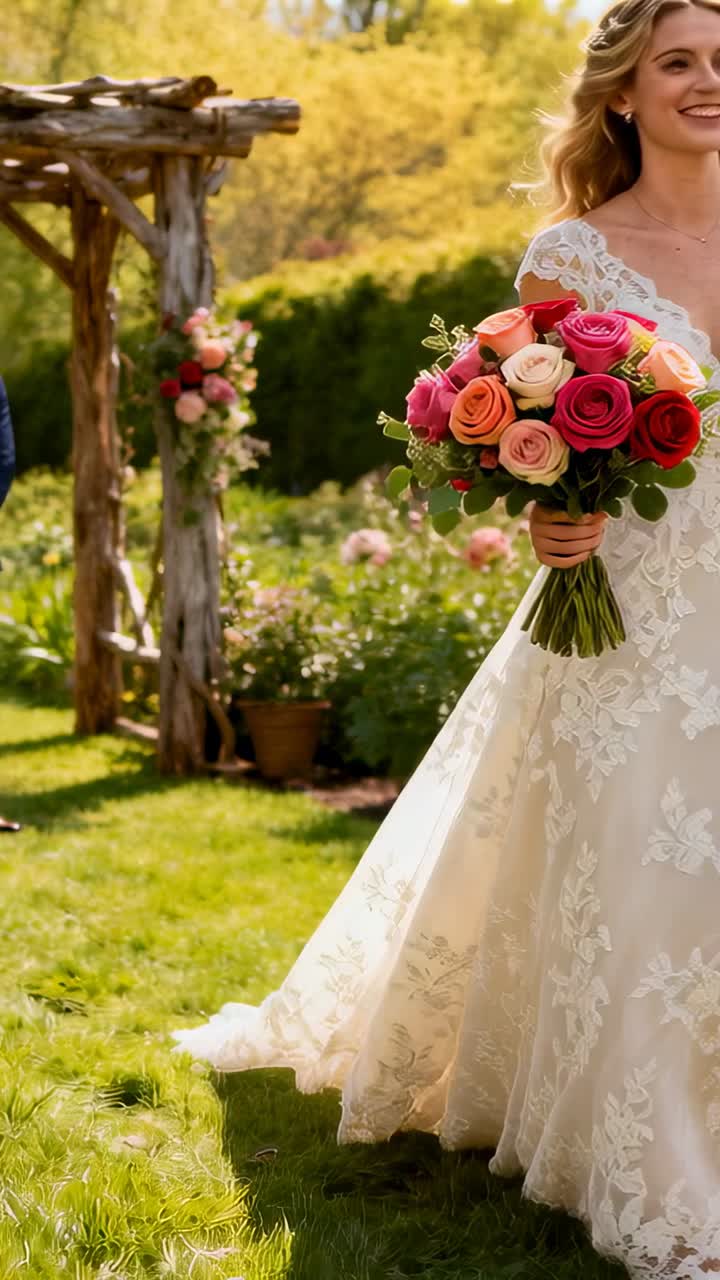 Vertical video: Camera panning bride in lace gown walking lawn aisle with bouquet to groom at arbor