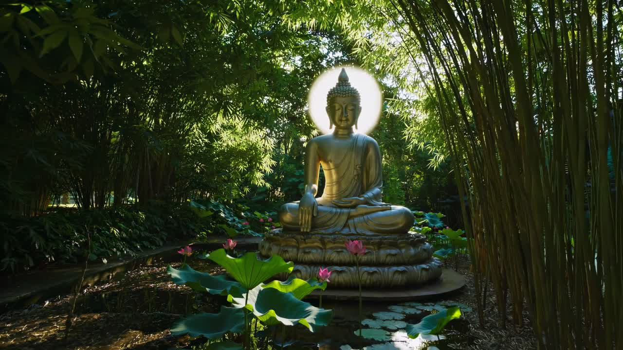 Una scena video serena di una statua di Buddha in un giardino lussureggiante, ripresa dal basso.