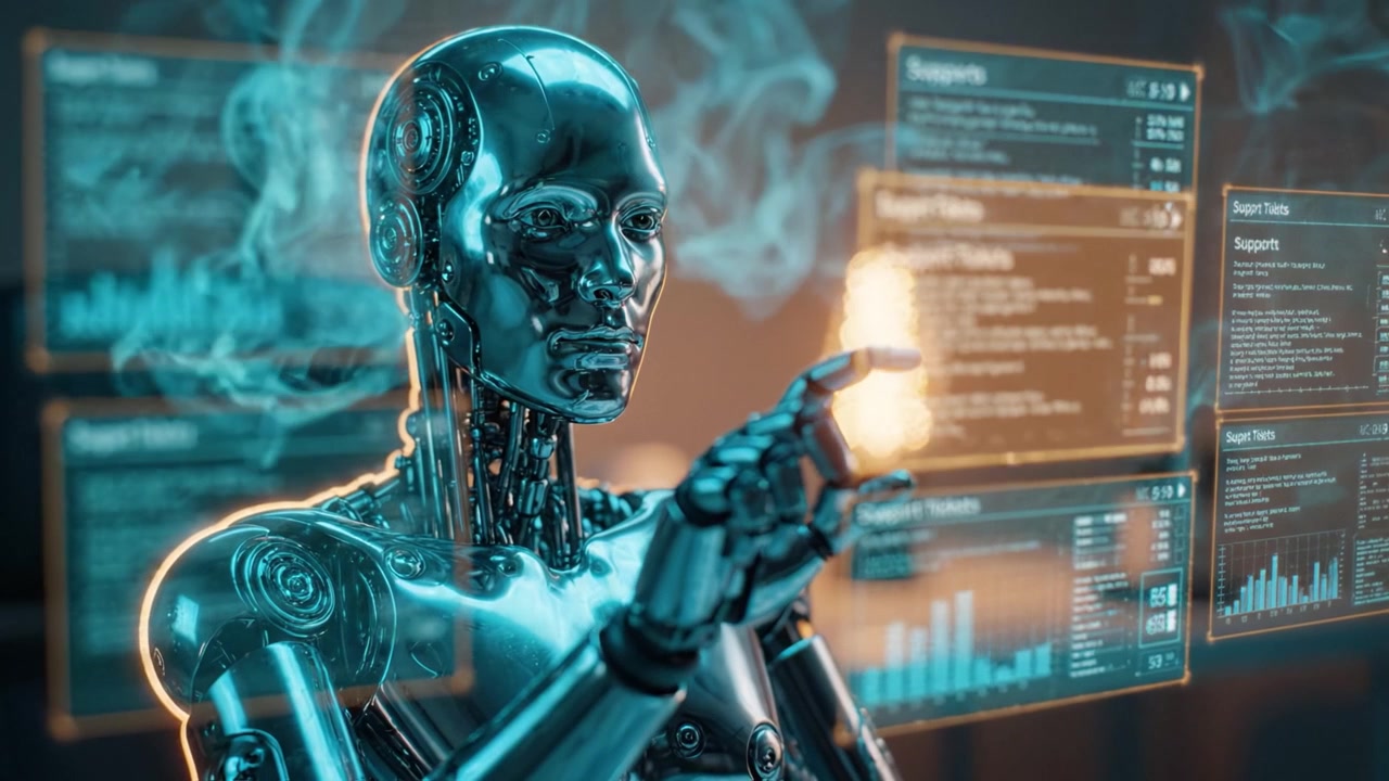 Robot futuristico in una stanza in penombra con accenti al neon e dati che mostrano grafici e informazioni, incarnando innovazioni tecnologiche e di IA nel design moderno