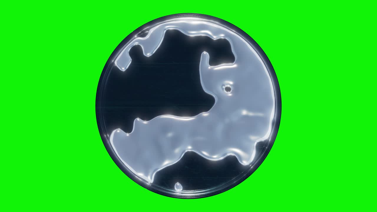페트리플레이트에 액체 금속 합금의  ⁇ 플, 녹색 화면에 독성 물질을 가진 비밀 실험실 실험