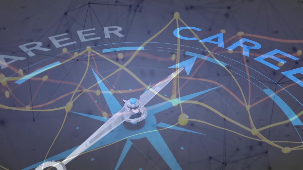 Central compass needle guiding upward arrow, connecting nodes around career label in 3D render