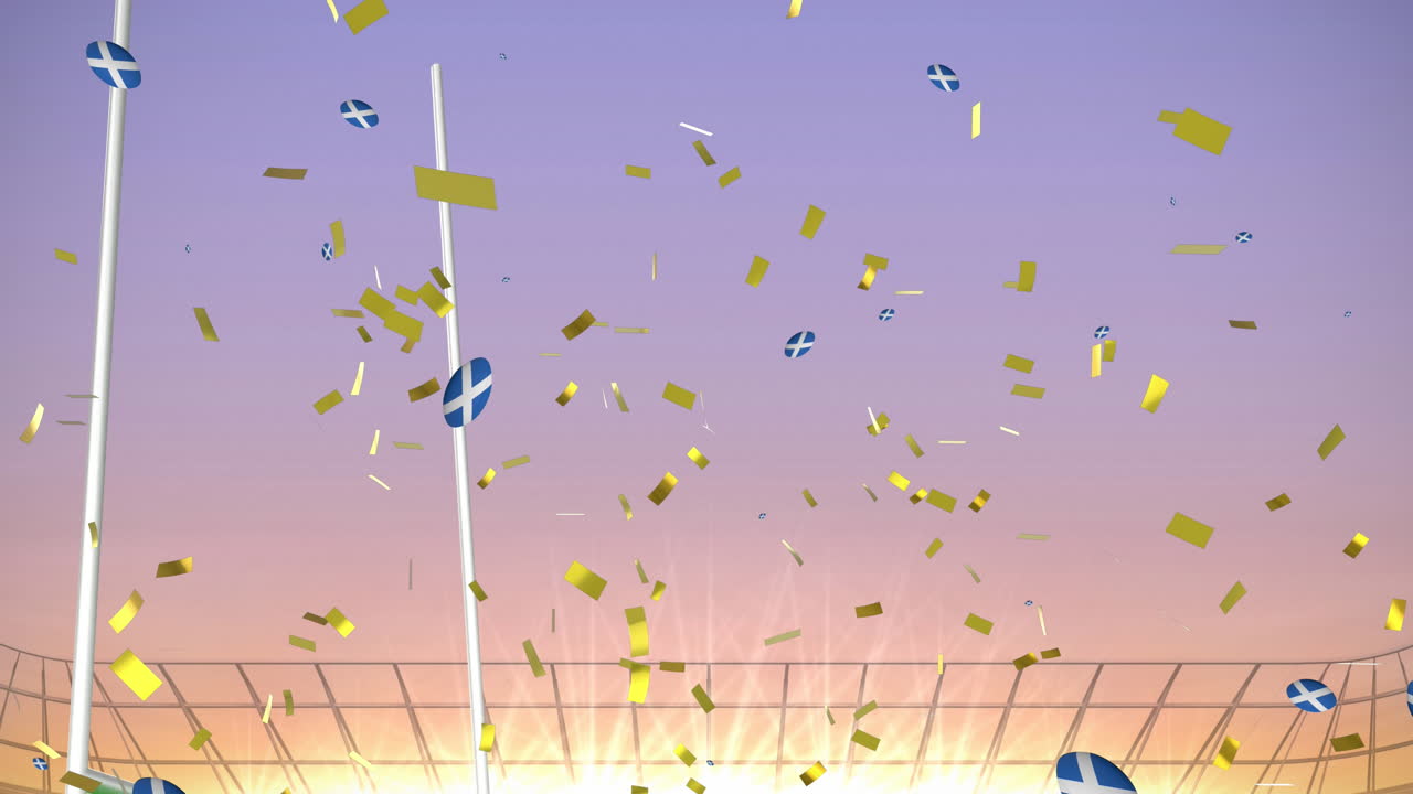 스코틀랜드 국기 색 ⁇ 의 럭비 공 위에 콘페티의 애니메이션이 경기장에서 떨어집니다.
