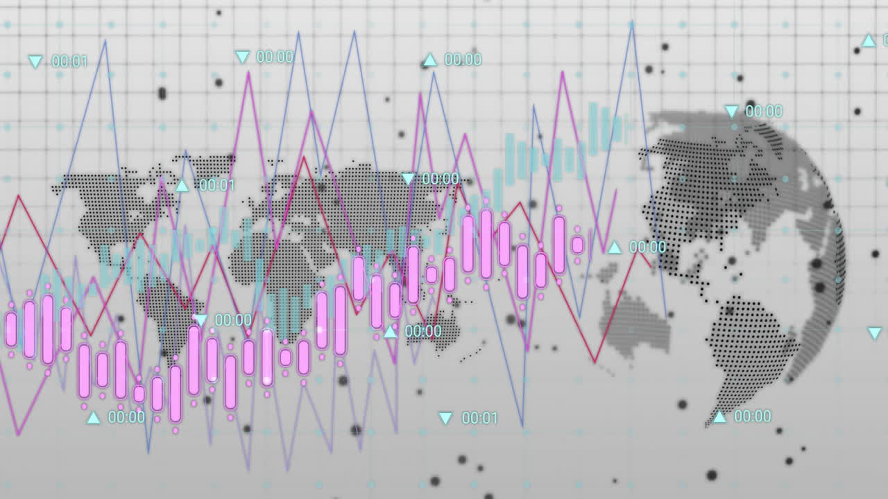 Global financial data analysis animation over world map and grid ...