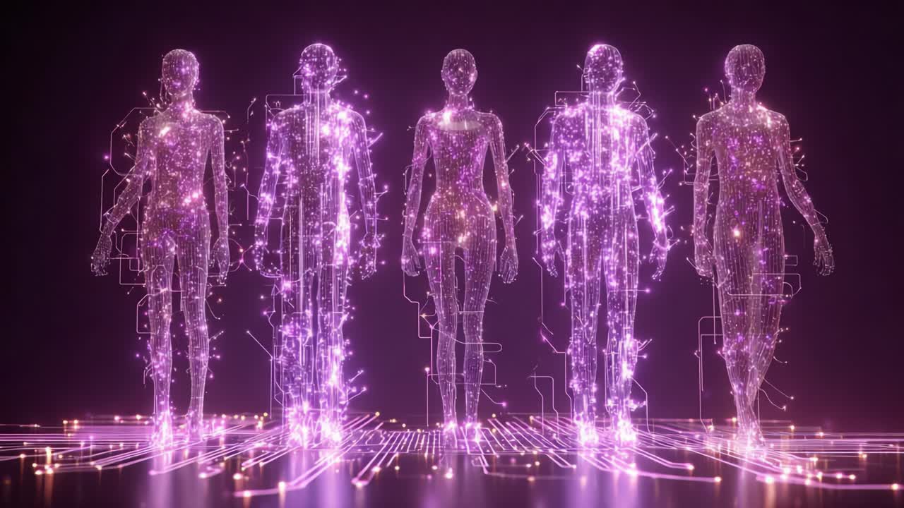 A Digital Evolution: Five Ethereal Figures Transitioning From Glimmering Outlines to Solid Forms in a Futuristic Circuitry Environment Representing the Fusion of Technology and Humanity