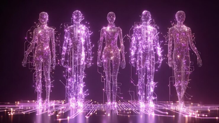 A Digital Evolution: Five Ethereal Figures Transitioning From Glimmering Outlines to Solid Forms in a Futuristic Circuitry Environment Representing the Fusion of Technology and Humanity