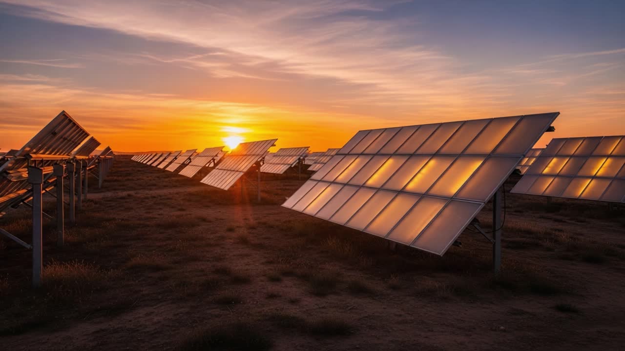 Sunset Over Solar Panels: A Beautiful Display of Renewable Energy Technology Harnessing the Sun’s Power in a Tranquil Landscape at Dusk