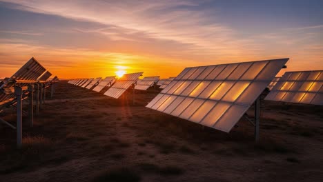 sunset over solar panels: a beautiful display of renewable energy technology harnessing the sun’s power in a tranquil landscape at dusk