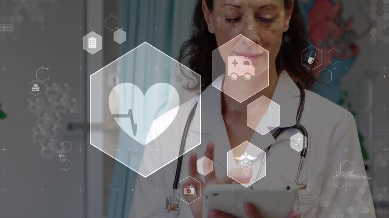 animación de iconos médicos sobre una doctora caucásica