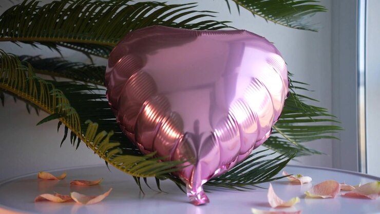 Palloncino a forma di cuore in lamina rosa che si muove, ruotando su un tavolo vicino alla finestra con la brezza, mostrando felce e petali.